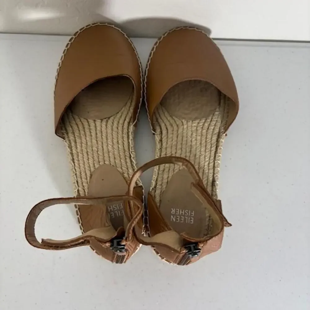 Eileen Fisher Sandals Womens Size 9 Brown Leather Espadrille Ankle Strap Flat